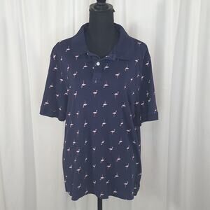 Harbor Bay Flamingo Polo Shirt Mens 1XL Navy Blue Pink Print Cotton Short Sleeve